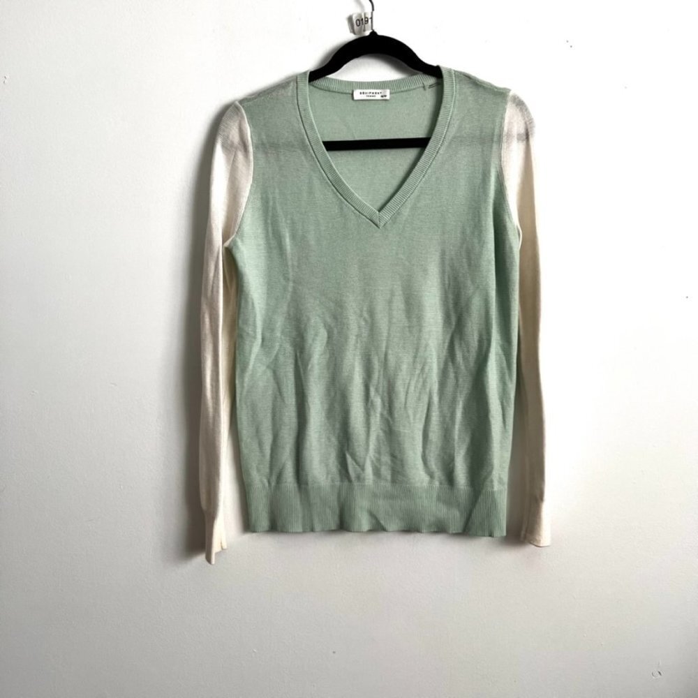 Equipment Green White Wool Blend Colorblock Sweater